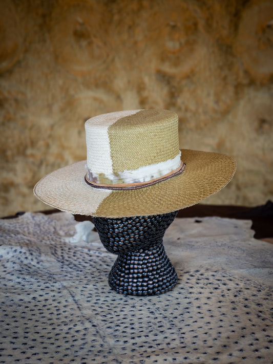 TROVADOR Plaka Duet bi-color natural and moss green Brisa straw flat-top Panama-style hat, handmade in Austin Texas