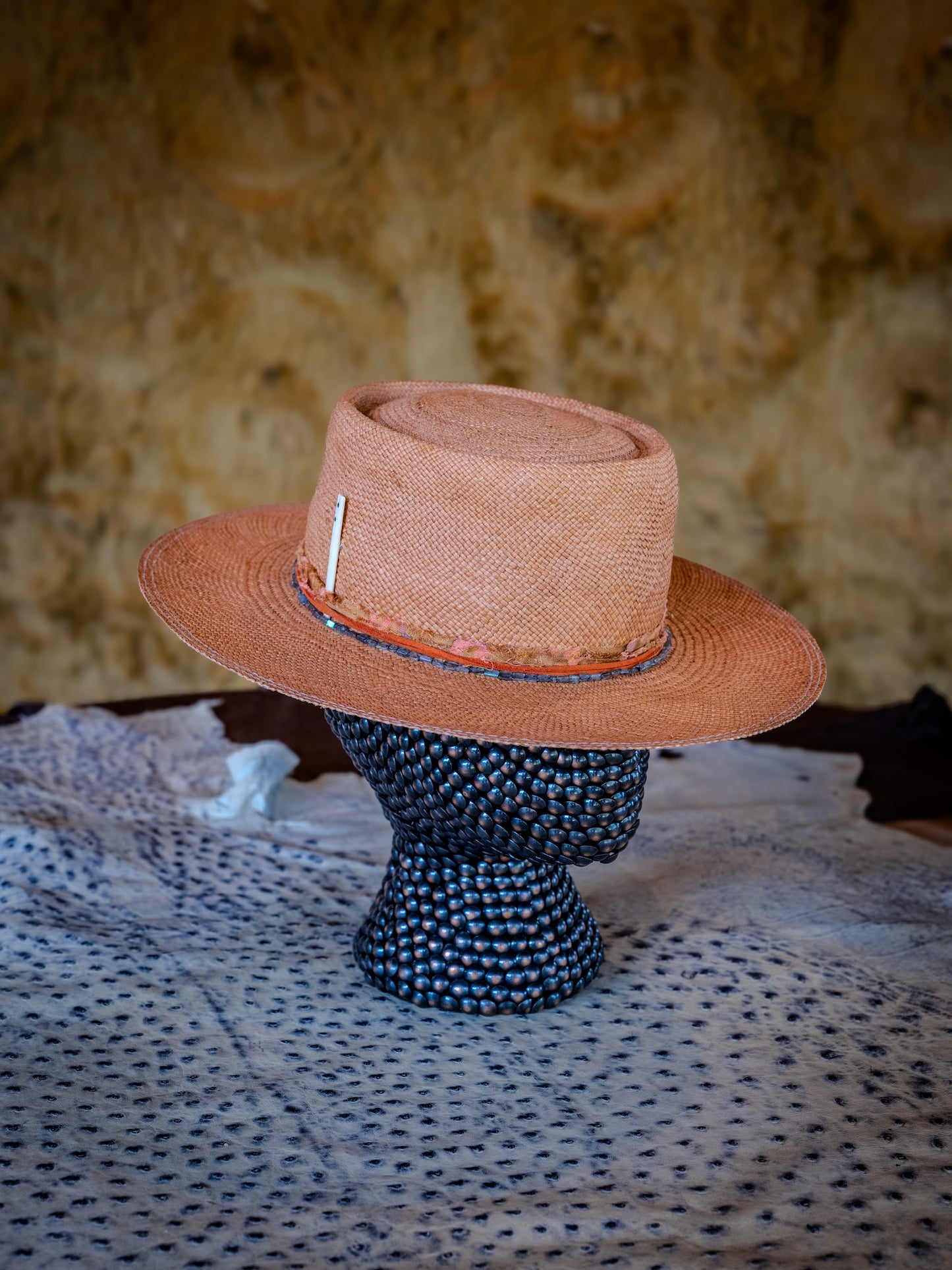 TROVADOR Cocoette salmon pink Brisa straw hat with rolled brim, handmade in Austin Texas