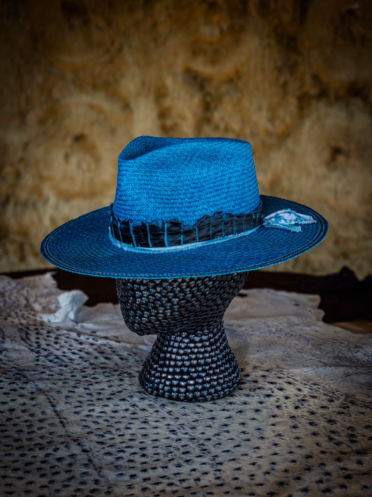 TROVADOR Cenote Camo straw hat with turquoise-dyed alligator band, handmade in Austin Texas