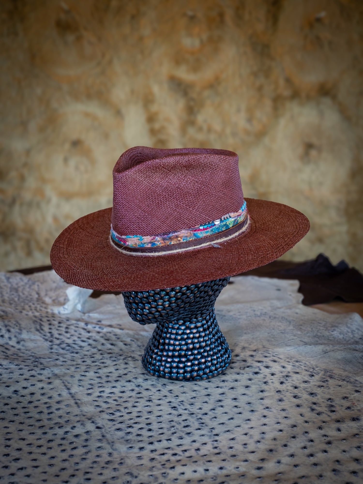 TROVADOR Marrakech ruby red Brisa straw Panama-style dress hat with tear-drop crown, handmade in Austin Texas