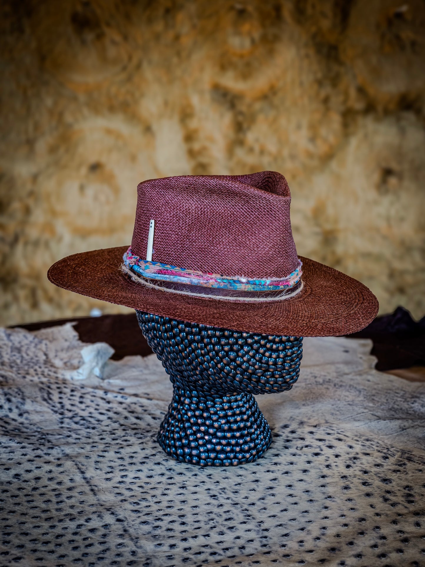 TROVADOR Marrakech ruby moon Brisa straw hat with front pinch crown, handmade in Austin Texas