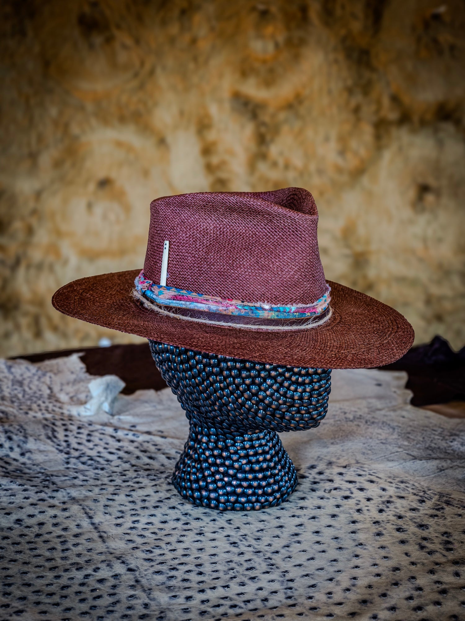 TROVADOR Marrakech ruby moon Brisa straw hat with front pinch crown, handmade in Austin Texas