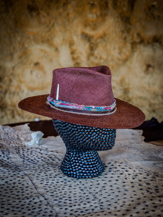 TROVADOR Marrakech ruby moon Brisa straw hat with front pinch crown, handmade in Austin Texas