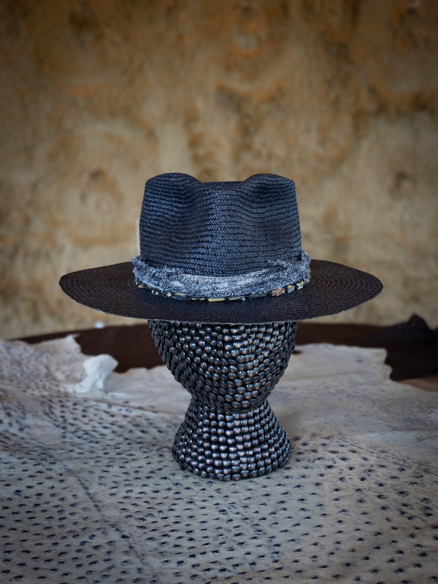 TROVADOR Sanji midnight Brisa straw Panama-style hat with weathered band and seaglass stone, handmade in Austin Texas