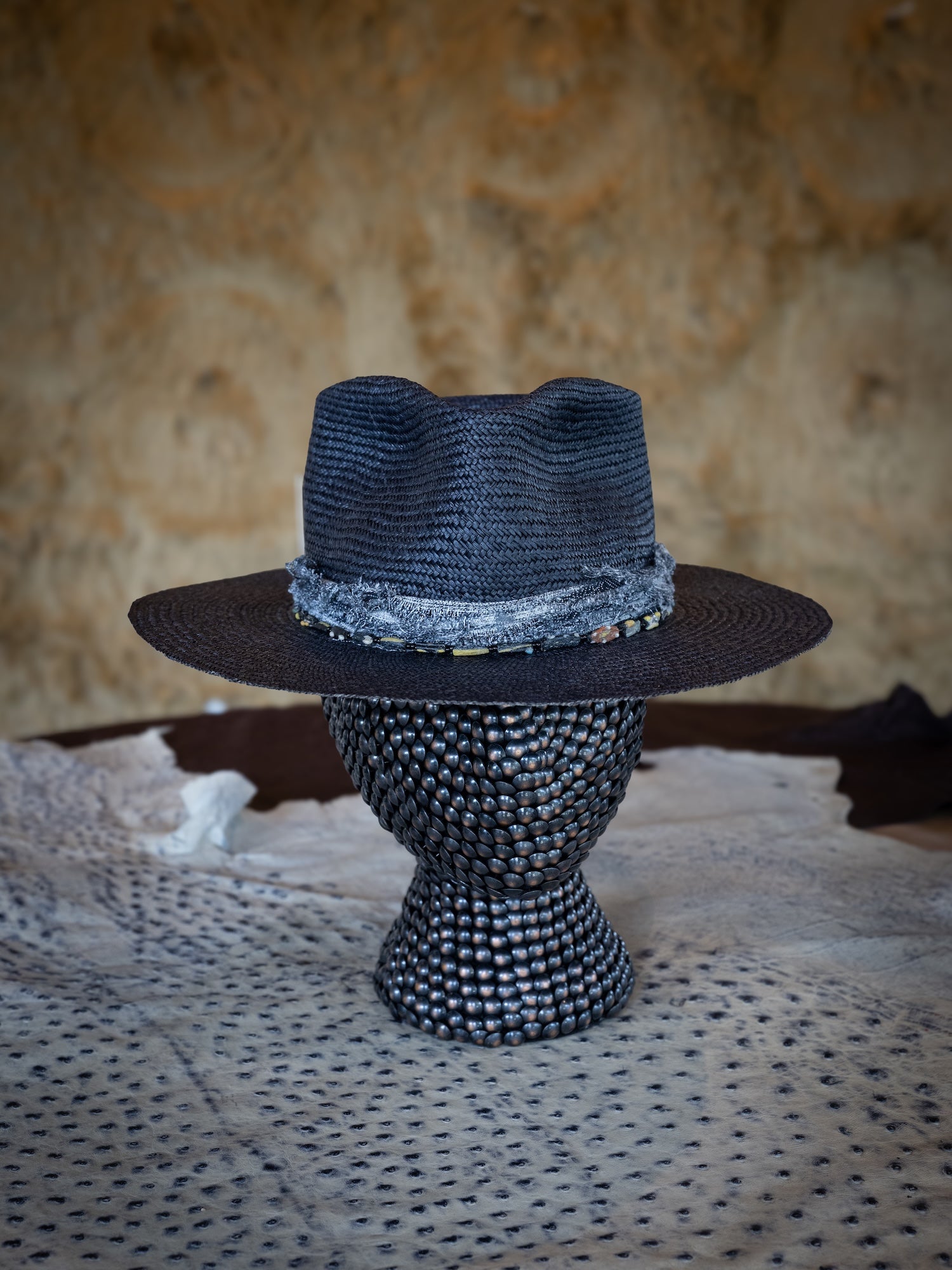 TROVADOR Sanji midnight Brisa straw Panama-style hat with weathered band and seaglass stone, handmade in Austin Texas