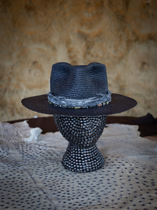 TROVADOR Sanji midnight Brisa straw Panama-style hat with weathered band and seaglass stone, handmade in Austin Texas